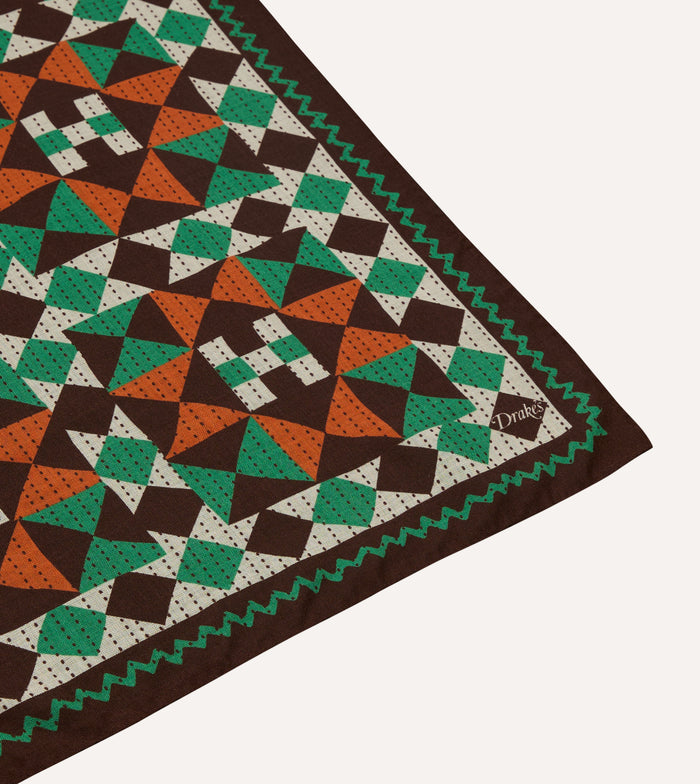 Brown Patchwork Print Wool-Silk Bandana