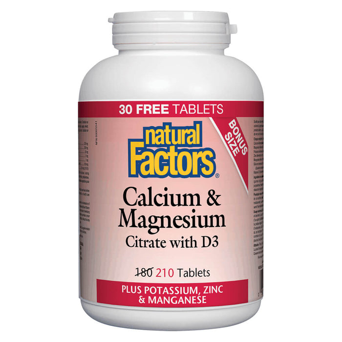 Bottle of Natural Factors Calcium & Magnesium Citrate w/ D3 210 Tablets Bonus Size