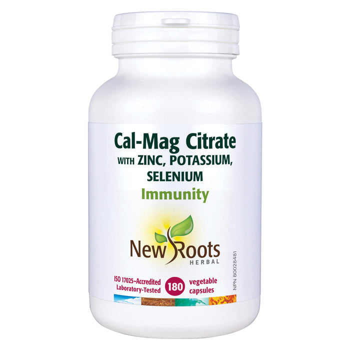 Bottle of New Roots Cal-Mag Citrate With Zinc, Potassium, Selenium 180 Vegetable Capsules