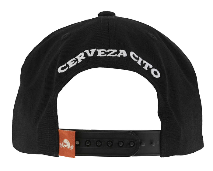 Chug Patch Hat. Black cap with 'CERVEZA CITO' text on a white background