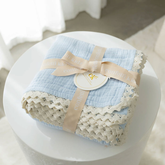 Confetti Kidz Muslin Blanket with Lace Trim - Soft Blue