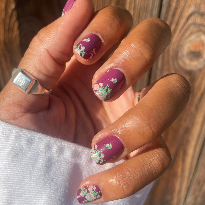 Fall Micro Floral | Squoval | Extra Short press-on nails with rich berry base and delicate fall floral accents for an easy at-home mani