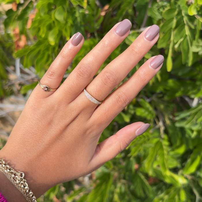 Fawn | Extra Short | Squoval - Tab Press-On showing short minky brown neutral false nails on hand with rings outdoors