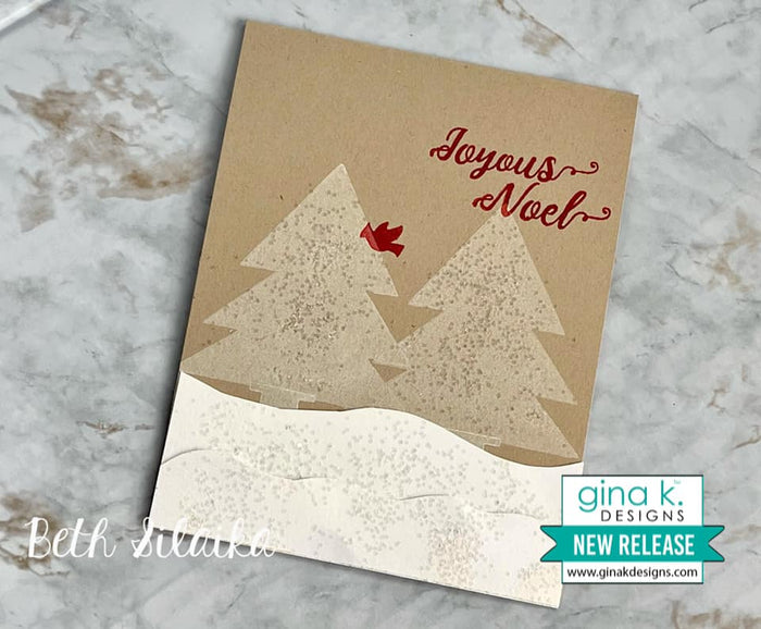 Gina K. Designs - Stamps - Winter Wonderland. Winter Wonderland is a stamp set by Beth Siliaka. This set is made of premium clear photopolymer and measures 6" X 8". Made in the USA. Available at Embellish Away located in Bowmanville Ontario Canada. - Slimline card designed by Beth Silaika.