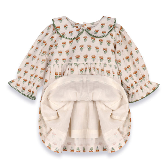 Ina Block Print Floral Baby Dress & Bloomer Set (Linen Blend)
