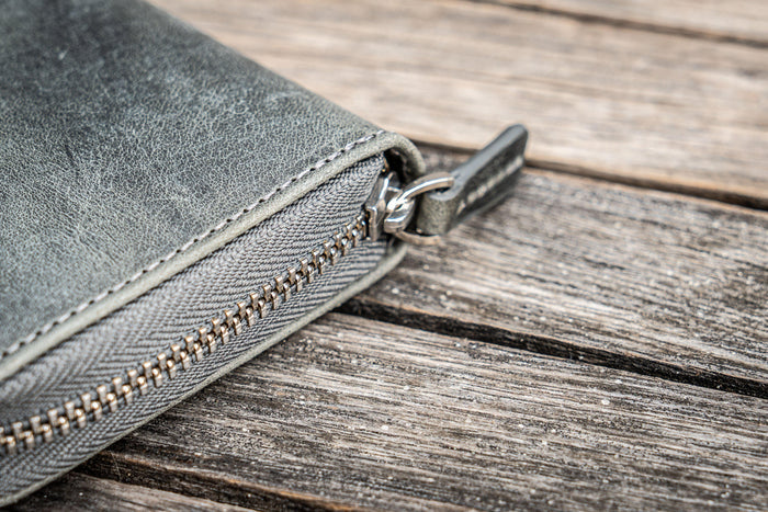 Leather Zippered 3 Slots Pen Case - Crazy Horse Smoky