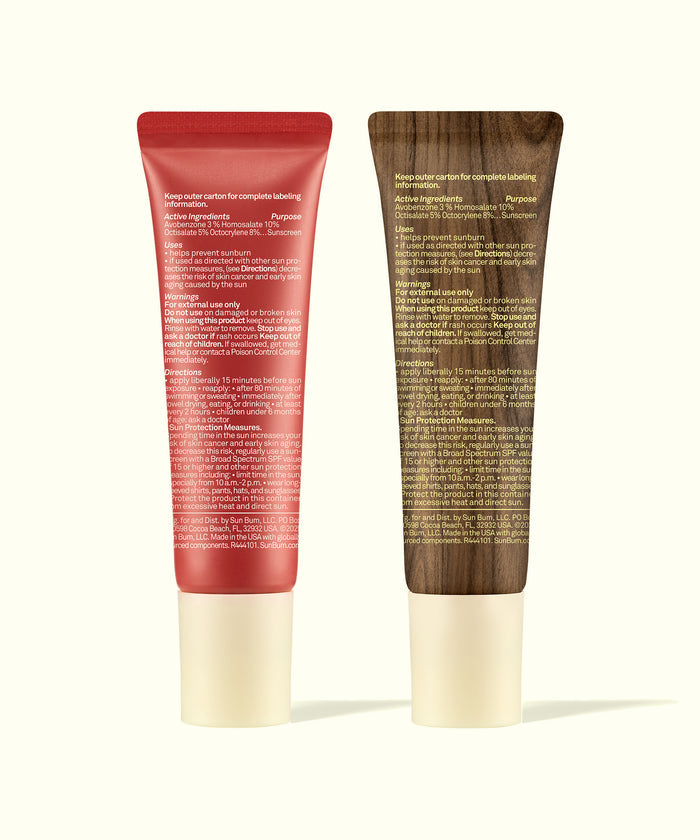 Sun Bum Lip 30 Duo: Clear + Bonfire tubes showing front and wood-textured back packaging design.