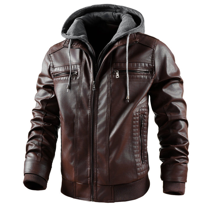 Men's Hooded PU Leather Jacket - Warm Zipper Pockets Fashion Coat