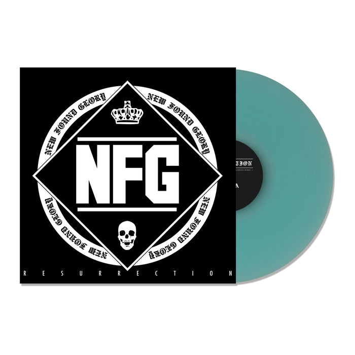 A teal vinyl slides from a black cover featuring a white diamond, crown, skull, and large NFG initials. This Limited Edition Resurrection album by New Found Glory is a rare collectible for fans.