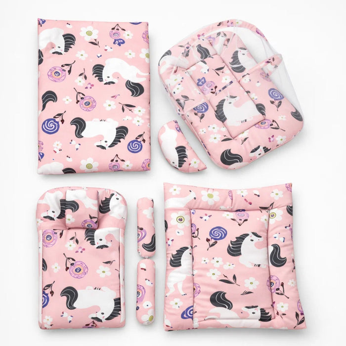 Newborn Cotton Bedding Set - 8 Pieces - Unicorn & Flowers - Pink