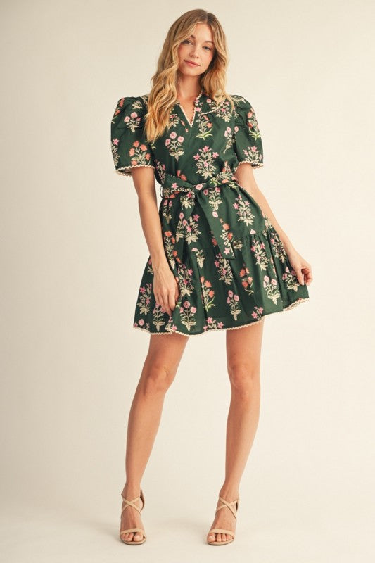 Olive Puff Shoulder Floral Dress