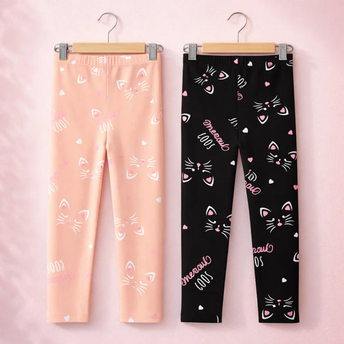 Pack of 2 - Printed - Trouser Tights - Black & Pink - Meow