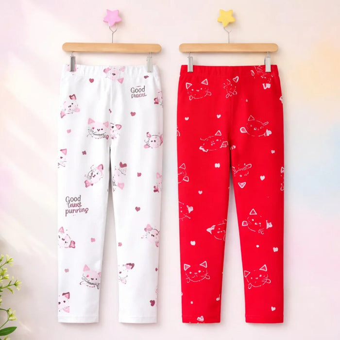 Pack of 2 - Printed - Trouser Tights - Red & White - Meow