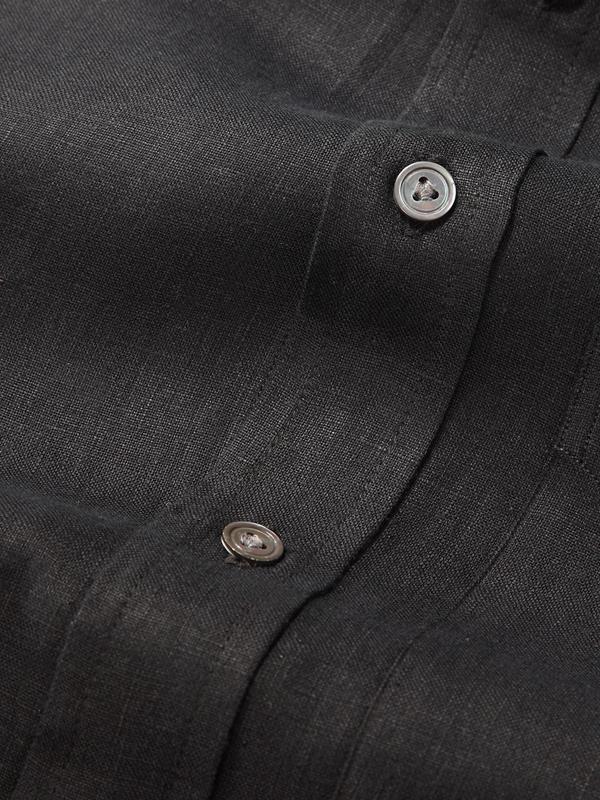 Positano Black Solid Full Sleeve Single Cuff Classic Fit Semi Formal French Flax Linen Shirt