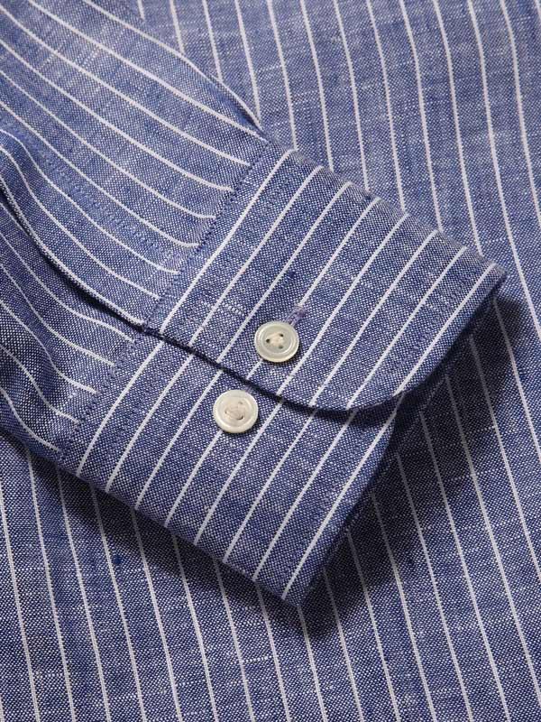 Positano Blue Striped Full Sleeve Single Cuff Classic Fit Semi Formal French Flax Linen Shirt