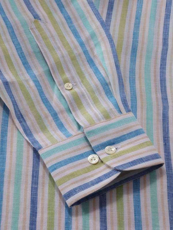 Positano Blue Striped Full Sleeve Single Cuff Classic Fit Semi Formal French Flax Linen Shirt