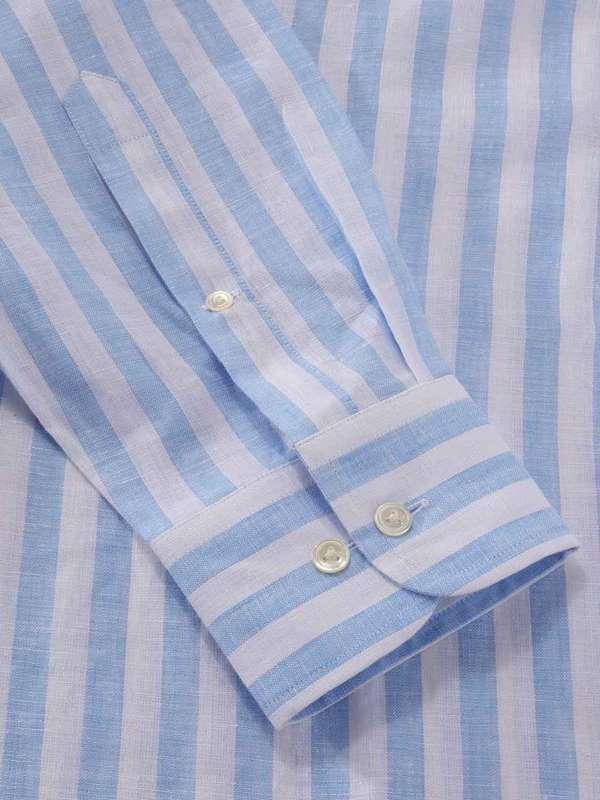 Positano Sky Striped Full Sleeve Single Cuff Classic Fit Semi Formal Point collar Linen Shirt