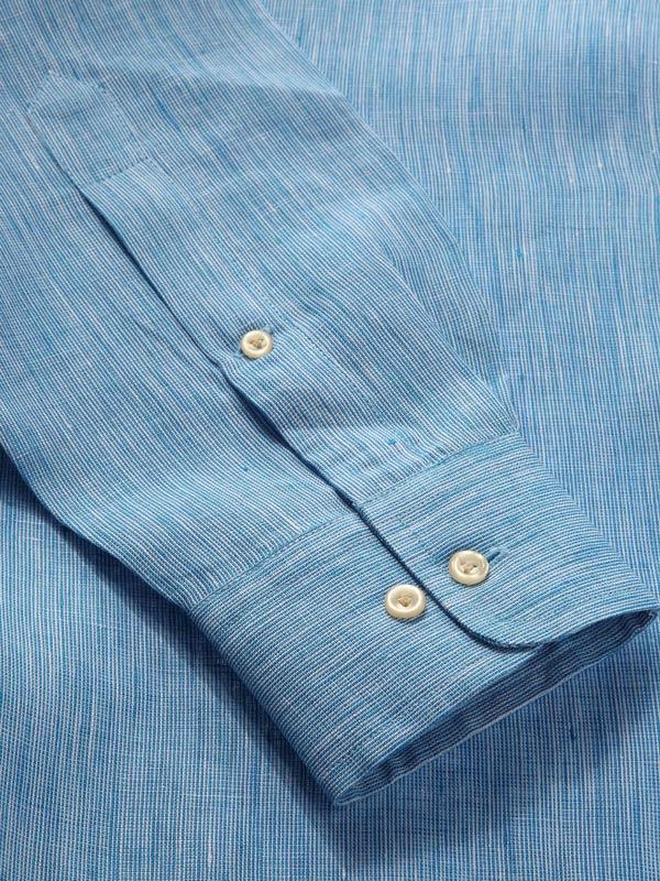 Positano Turquoise Solid Full Sleeve Single Cuff Classic Fit Semi Formal French Flax Linen Shirt