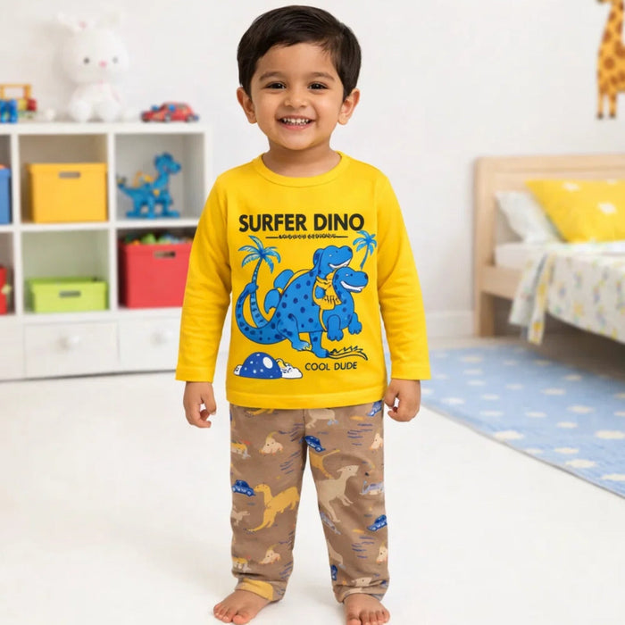 Sarah Aly - Night Suit - Cotton Interlock - Yellow - Super Dino - China