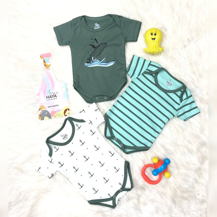 Short Sleeve Pack of 3 Bodysuits - Cotton Interlock - Green - HY