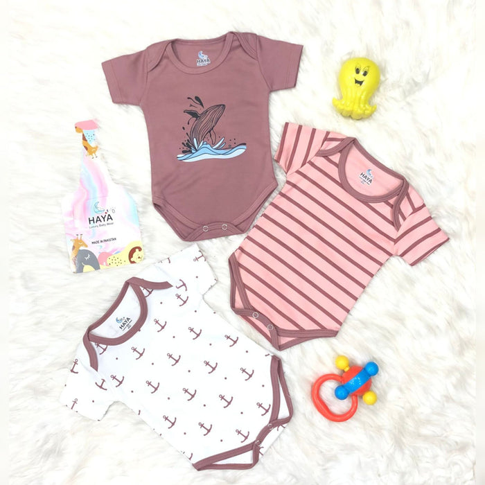 Short Sleeve Pack of 3 Bodysuits - Cotton Interlock - Pink - HY