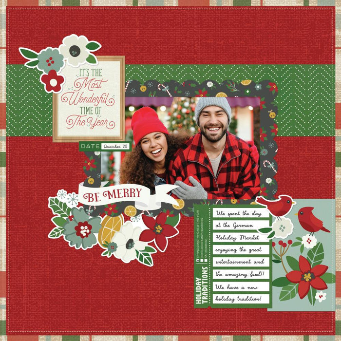 Simple Stories - Collector's Essential Kit 12"X12" - Hearth & Holiday. 12 sheets of double-sided 12x12 Designer Cardstock including cut apart Journal, Tags and Element Sheets and a 12x12 Cardstock Sticker Sheet, Journal Bits, 6x12 Chipboard, Page Pieces. Available at Embellish Away located in Bowmanville Ontario Canada Layout by brand ambassador.