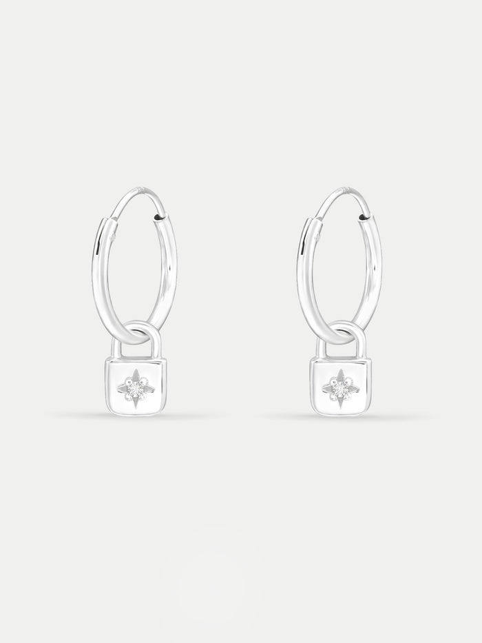 Sterling Silver Padlock Star Hoop Drop Earrings | Silver-Image 1