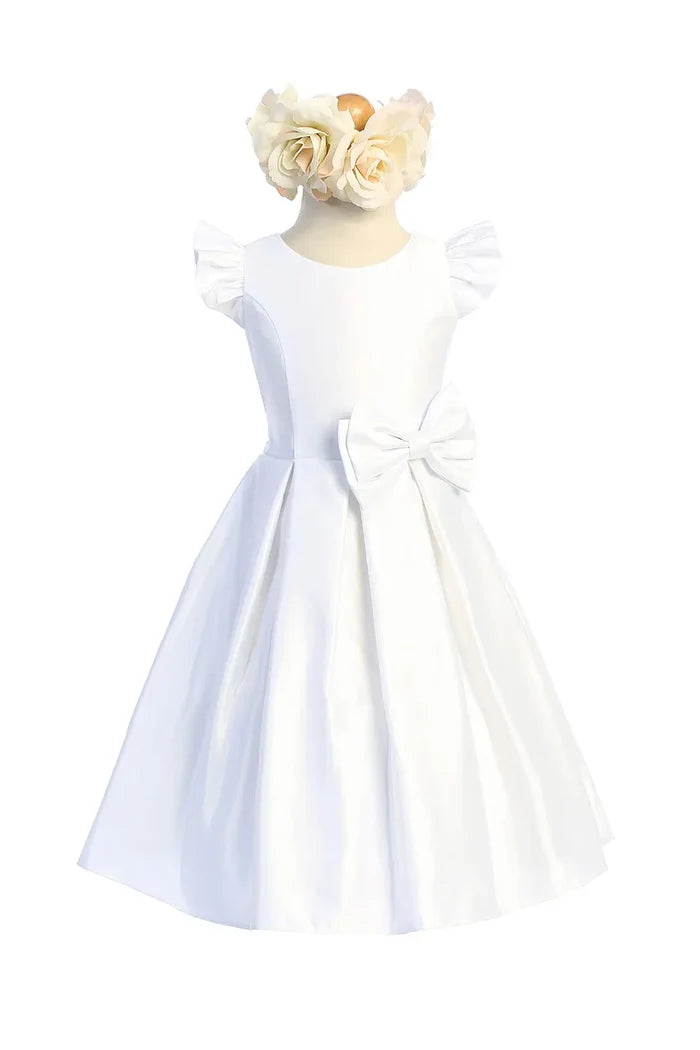 Sweet Kids Satin Pleated Flutter Sleeve w/ Bow Detail-White