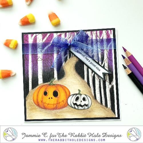 The Rabbit Hole Designs - Stamp Set - Pumpkin Friends - 3x4. Deeply etched, clear photopolymer stamps for precise placement. Pumpkins 3.505"w X 2.33"h. Made in the USA. Available at Embellish Away located in Bowmanville Ontario Canada. Card design by Jammie C.
