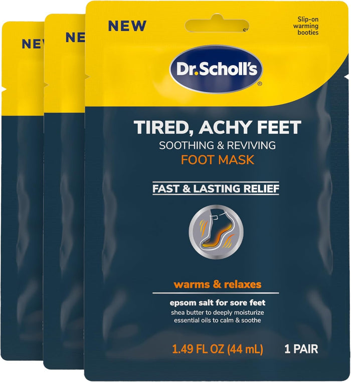 Multiple Dr. Scholl's Tired, Achy Feet foot mask packages, slip-on 1 pair