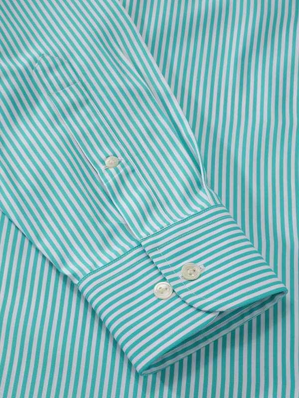 Vivace Green Striped Full Sleeve Single Cuff Classic Fit Semi Formal Silk Touch Egyptian Giza Cotton Shirt
