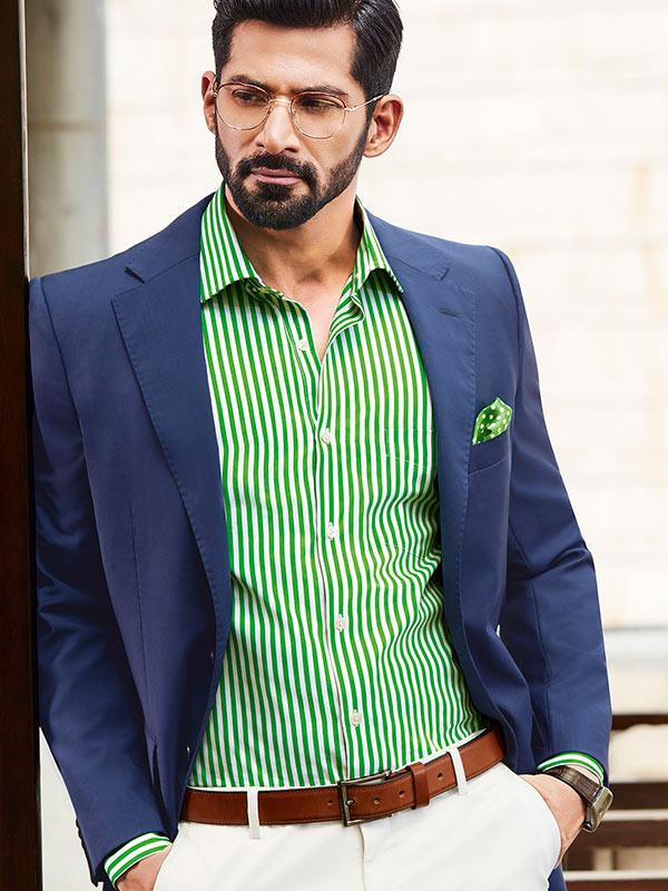 Vivace Green Striped Full Sleeve Single Cuff Tailored Fit Semi Formal Silk Touch Egyptian Giza Cotton Shirt