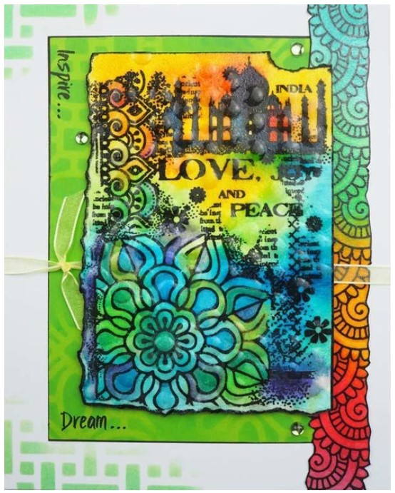 Woodware - Clear Singles Stamp - Indian Treasures. One stamp that incorporates several different images including a large mandala. A great grungy piece. Size: 3.75x5.5 inches. Available at Embellish Away located in Bowmanville Ontario Canada.