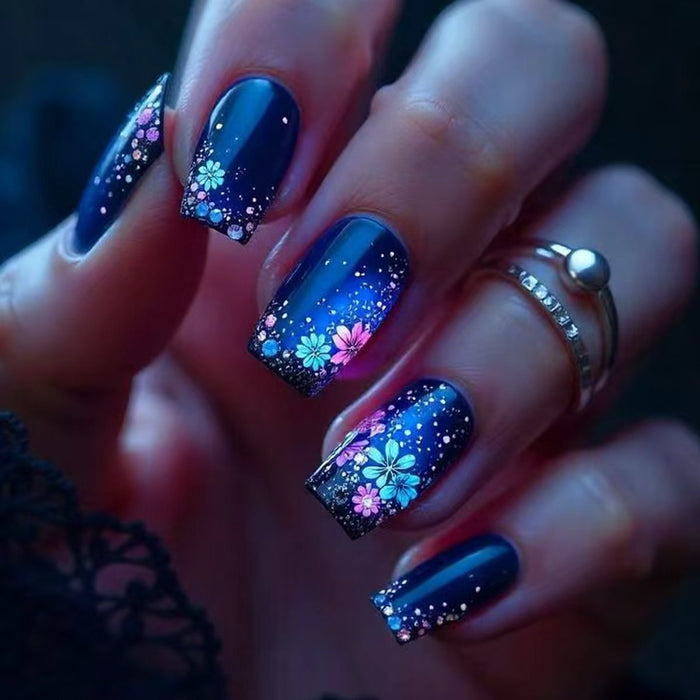 12 Sizes-24 Pcs Press On Nails Blue w-300