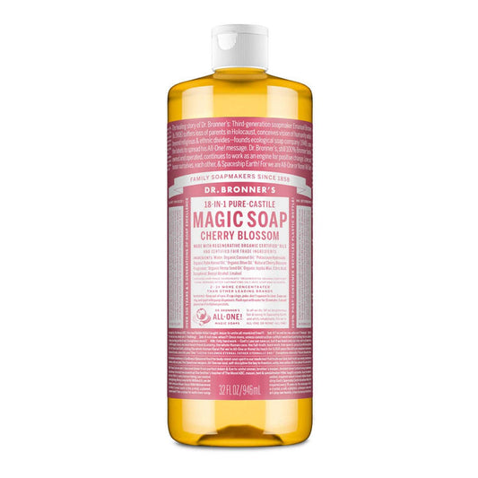 Dr. Bronner's Magic Soap Cherry Blossom bottle on a white background.
