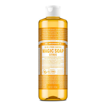 Dr. Bronner's 18-in-1 Pure-Castile Magic Soap - Citrus 473ml bottle on a white background.