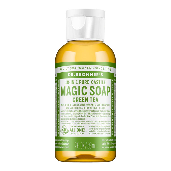 Dr. Bronner's 18-in-1 Pure Castile Magic Soap Green Tea 59ml bottle on a white background.