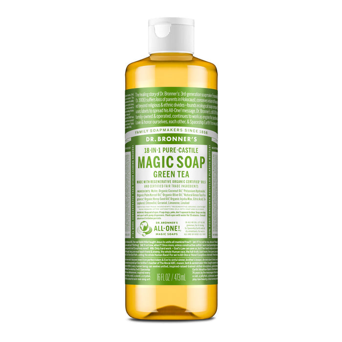 Dr. Bronner's Magic Soap Green Tea 473ml bottle with green label on a white background