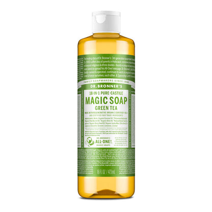 Dr. Bronner's Magic Soap Green Tea 473ml bottle with green label on a white background