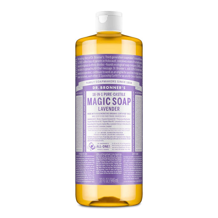 Dr. Bronner's Magic Soap bottle with lavender scent on a white background.