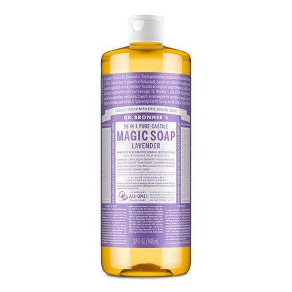 Dr. Bronner's Magic Soap bottle with lavender scent on a white background.