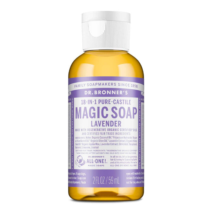Dr. Bronner's 18-in-1 Pure-Castile Magic Soap - Lavender 59ml bottle on a white background.