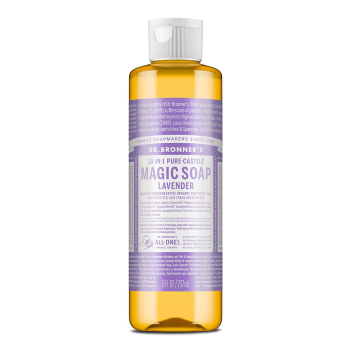 Dr. Bronner's Magic Soap Lavender 237ml bottle with lavender label on a white background
