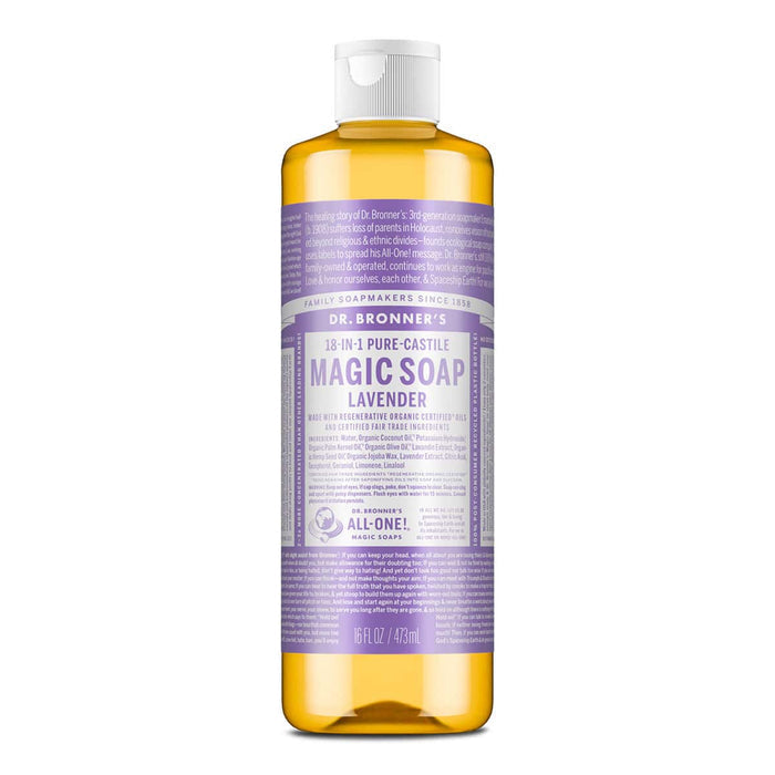 Dr. Bronner's Magic Soap Lavender 473ml bottle with lavender scent on a white background