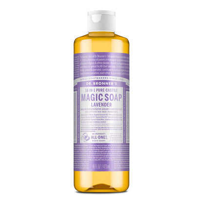 Dr. Bronner's Magic Soap Lavender 473ml bottle with lavender scent on a white background