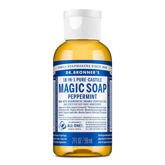 Dr. Bronner's Magic Soap Peppermint 59ml bottle on a white background