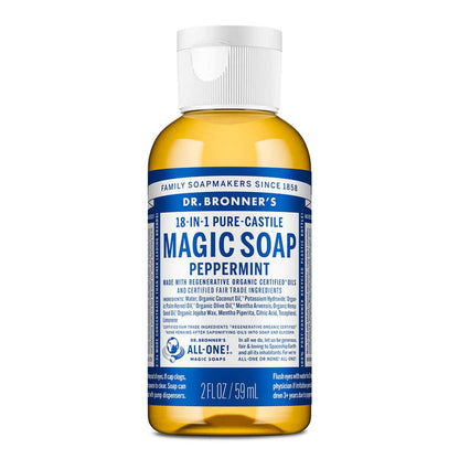 Dr. Bronner's Magic Soap Peppermint 59ml bottle on a white background