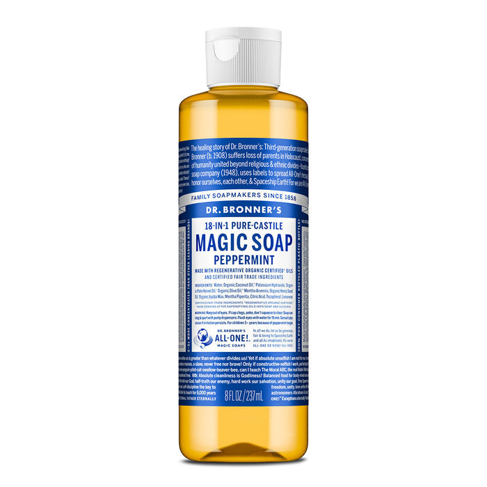 Dr Bronner's 18-In-1 Pure-Castile Magic Soap - Peppermint 237ml on a white background.