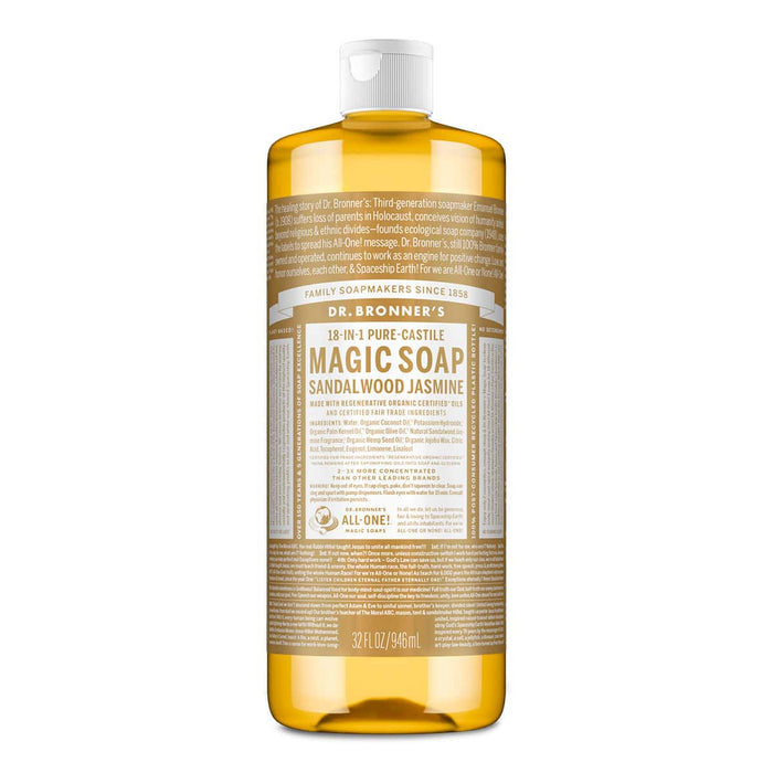 Dr. Bronner's Magic Soap 946ml bottle with sandalwood jasmine scent on a white background