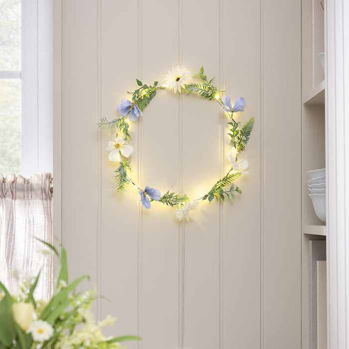 30cm Pre Lit Blue Bloom Outdoor Wreath